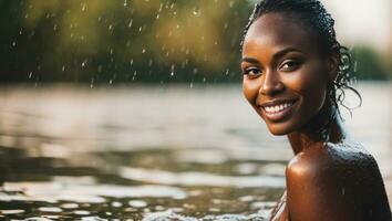 ritratto di bellissimo erotico sorridente bagnato nero pelle donna nel il acqua nel il pioggia. generativo ai foto