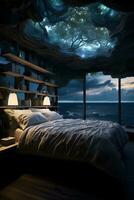 moderno interno Camera da letto con mare Visualizza a notte ai generato foto