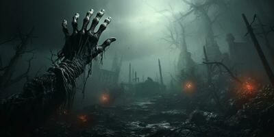 fantasma scenario Halloween sfondo, zombie apocalisse, pauroso frequentato cimitero, ai generativo foto