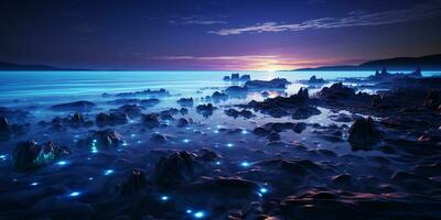fantasia paesaggio marino, notte Visualizza di il oceano, raggiante mare, meravigliosamente stellato notte cielo, sognante atmosfera, ai generativo foto