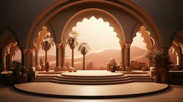podio sfondo nel Ramadan vacanza minimalismo stile . orientale Arabo design con occhiali da sole di beige colori. ai generativo foto