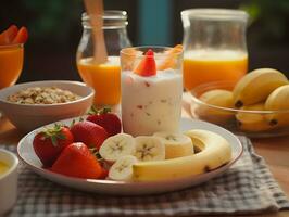 salutare prima colazione su il tavolo ai generativo foto