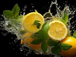 Limone fetta spruzzi su acqua con menta le foglie ai generativo foto