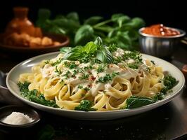 fettuccine Alfredo con parmigiano formaggio ai generativo foto