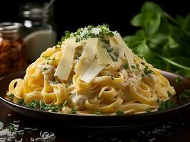 fettuccine Alfredo con parmigiano formaggio ai generativo foto