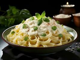 fettuccine Alfredo con parmigiano formaggio ai generativo foto