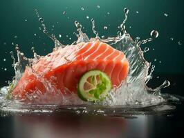 Sushi salmone con acqua spruzzo ai generativo foto