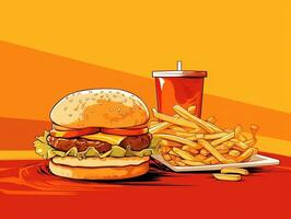 Hamburger con patatine fritte e ketchup su isolato sfondo ai generativo foto