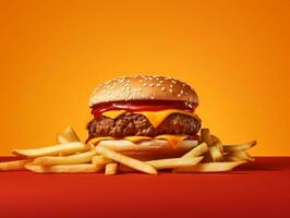 Hamburger con patatine fritte e ketchup su isolato sfondo ai generativo foto