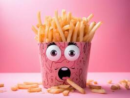 francese patatine fritte cartone animato personaggio con molto luminosa occhi su il rosa sfondo ai generativo foto