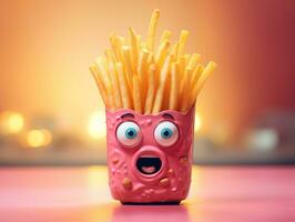 francese patatine fritte cartone animato personaggio con molto luminosa occhi su il rosa sfondo ai generativo foto