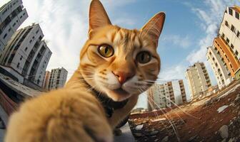 curioso felino cattura si con un' telecamera. ai generativo. foto