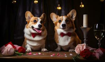 adorabile corgis nel arco cravatte godere un' San Valentino Data. ai generativo. foto