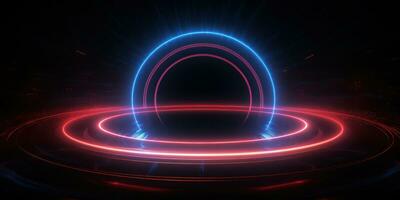un' luminoso neon cerchio domina il buio scena, suo ondulato luci. ai generativo foto