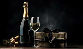 elegante celebrazione scena con un' lussuoso regalo scatola e Champagne bottiglia. ai generativo. foto