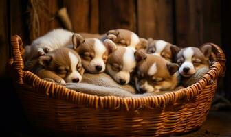 adorabile corgi cuccioli rannicchiarsi insieme dormendo. ai generativo. foto