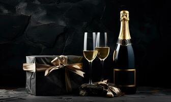 elegante celebrazione scena con un' lussuoso regalo scatola e Champagne bottiglia. ai generativo. foto