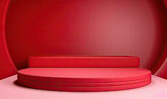 un' elegante podio impostato contro un' vivido rosso sfondo. ai generativo. foto