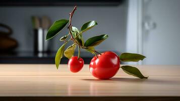 foto di acerola su un' minimalista tavolo. generativo ai