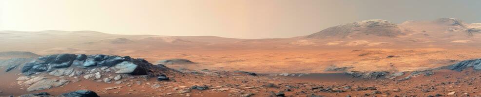 ipnotizzante primi piani di Marte' roccioso terreno e rosso dune. ai generativo. foto