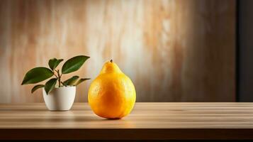 foto di chico frutta su un' minimalista tavolo. generativo ai