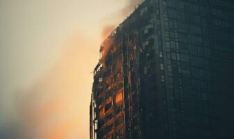 torreggiante edificio Engulfed nel un' feroce fiammata, con Fumo fluttuante. ai generativo. foto