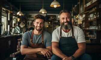 baristi nel grembiuli Condividere sentito sorrisi. ai generativo. foto