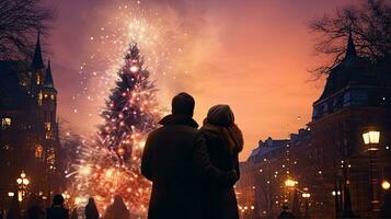 contento famiglia Guardando fuochi d'artificio e Natale albero a notte. nuovo anno celebrazione concetto. foto