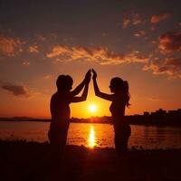 silhouette di ragazza e ragazzo su il sfondo di il tramonto coppia concetto generativo ai foto