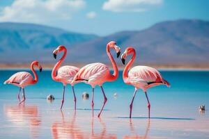 selvaggio africano uccelli. gruppo uccelli di rosa africano fenicotteri a piedi in giro il blu laguna su un' soleggiato giorno. ai generato foto