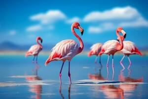 selvaggio africano uccelli. gruppo uccelli di rosa africano fenicotteri a piedi in giro il blu laguna su un' soleggiato giorno. ai generato foto