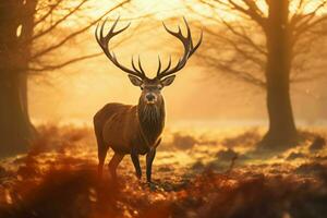 rosso Cervi nel mattina sole. ai generato foto