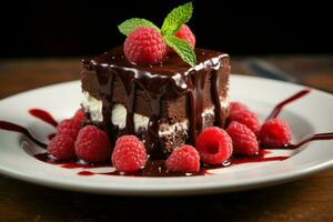 cioccolato lampone dolce con fresco menta guarnizione. ai generato foto