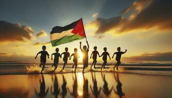 un' foto di figli di sagome con gioia in esecuzione con il bandiera di Palestina su un' spiaggia durante tramonto. ai generato