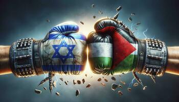 Due blindato guanti, uno ornato con il bandiera di Israele e il altro con il Palestina bandiera, scontrandosi nel un' potente punch, evidenziazione il lotte fra il Due entità. ai generato foto