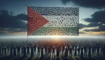 un' raccolta di le persone, raffigurato come sagome, Tenere un' parte di il bandiera di Palestina, la creazione di un' mosaico di unità e forza contro un' crepuscolo cielo. ai generato foto