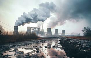 un' nucleare energia pianta quello inquina il ambiente. ai generativo. foto