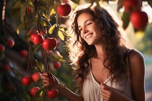 giovane donna raccolta mele nel il giardino. ai generato. foto