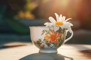 tè tazza fiori a soleggiato luce. creare ai foto