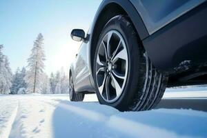 nuovo auto inverno pneumatico a foresta strada. creare ai foto