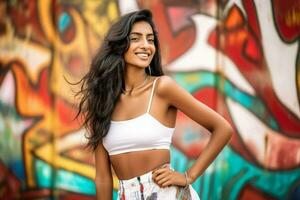 indiano sorridente femmina strada tiro foto. creare ai foto