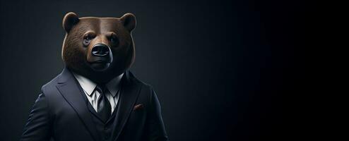ritratto di umanoide antropomorfo orso indossare uomo d'affari completo da uomo nel nero sfondo per copia spazio bandiera ai generativo foto