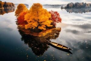 un' canoa su un' lago, con alberi, arancia le foglie ai creato foto