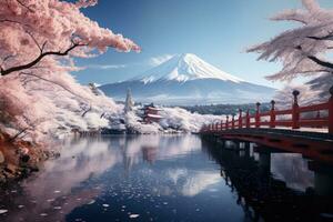 un' panoramico Visualizza di innevato montare fuji ai creato foto