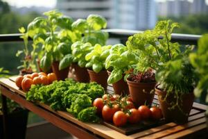 verdure e erbe aromatiche su il balcone ai creato foto