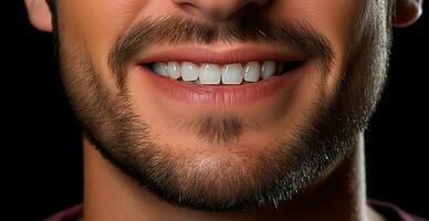 maschio Sorridi avvicinamento, bianco come la neve denti, cosmetologia concetto, odontoiatria - ai generato Immagine foto