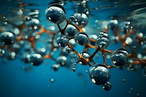 astratto molecolare struttura su blu sfondo. scienza, cosmetici, medico Modelli. generativo ai foto