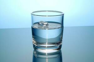 bicchiere con acqua e ghiaccio cubi su un' blu sfondo. un' rinfrescante e chilling bere. generativo ai foto