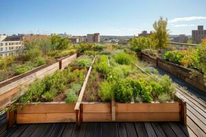 urbano azienda agricola. ai generativo. tetto superiore urbano agricoltura biologico giardino con vario verdure impianti, illustrare il potenziale per verde spazi nel città ambienti foto