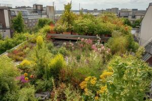 urbano azienda agricola. ai generativo. tetto superiore urbano agricoltura biologico giardino con vario verdure impianti, illustrare il potenziale per verde spazi nel città ambienti foto